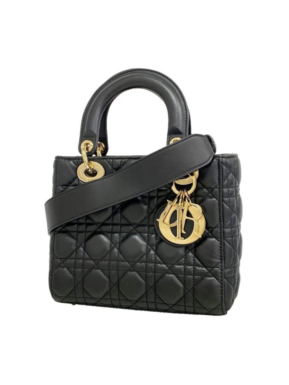 Dior Handbag Cannage Lady Leather Black Champagne Gold 2-Way Bag
